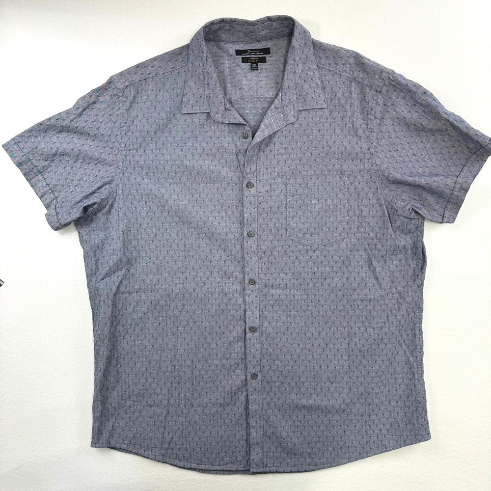 Marc‎ Anthony Mens XXL Slim Fit Stretch Shirt Blue Geometric Short Sleeve Button